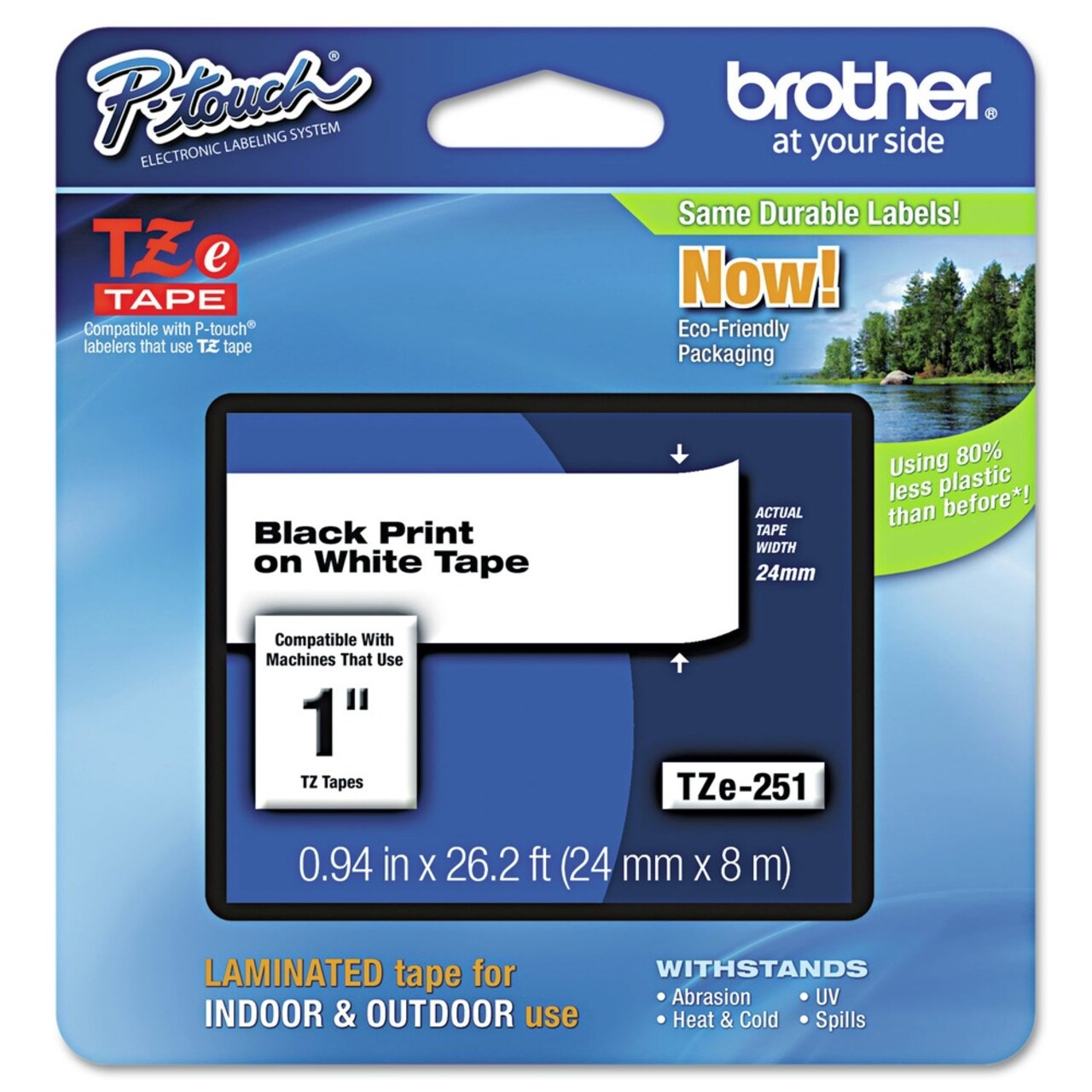 Brother P-Touch 0.94 in. x 26.2 ft. TZe Standard Adhesive Laminated Labeling Tape - Black on White